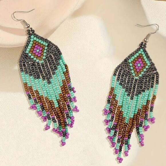Boho teal brown & purple beaded tassel earrings - Picture 1 of 3
